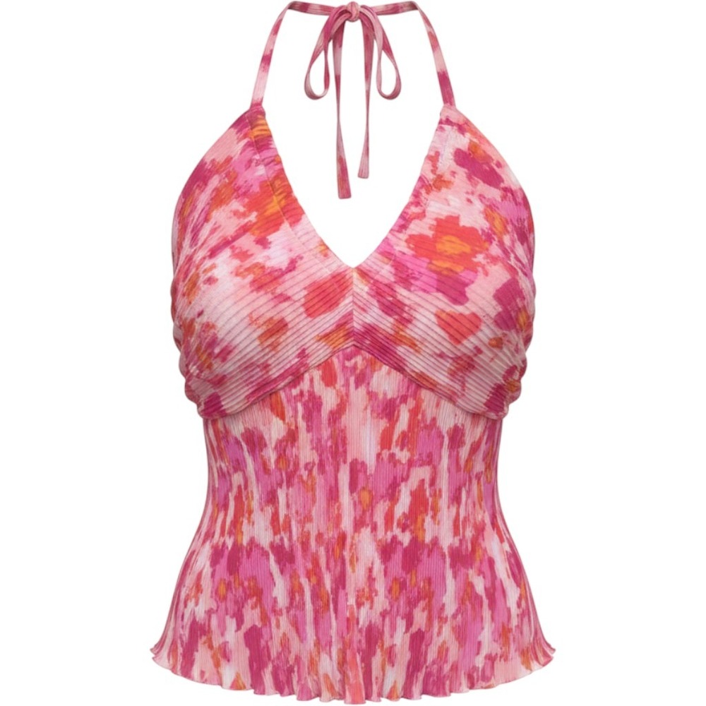 Japna Pink Orange Abstract Floral Pleated Halter Top‎ Smocked Back Medium